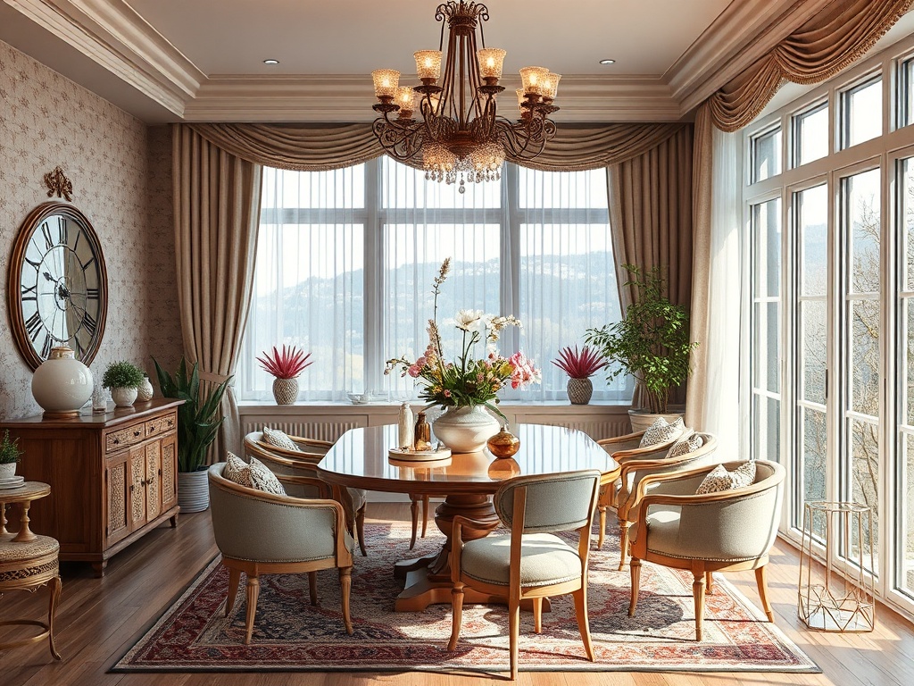 Современный светлый обеденный зал с большим окном, круглым столом и элегантной люстрой.