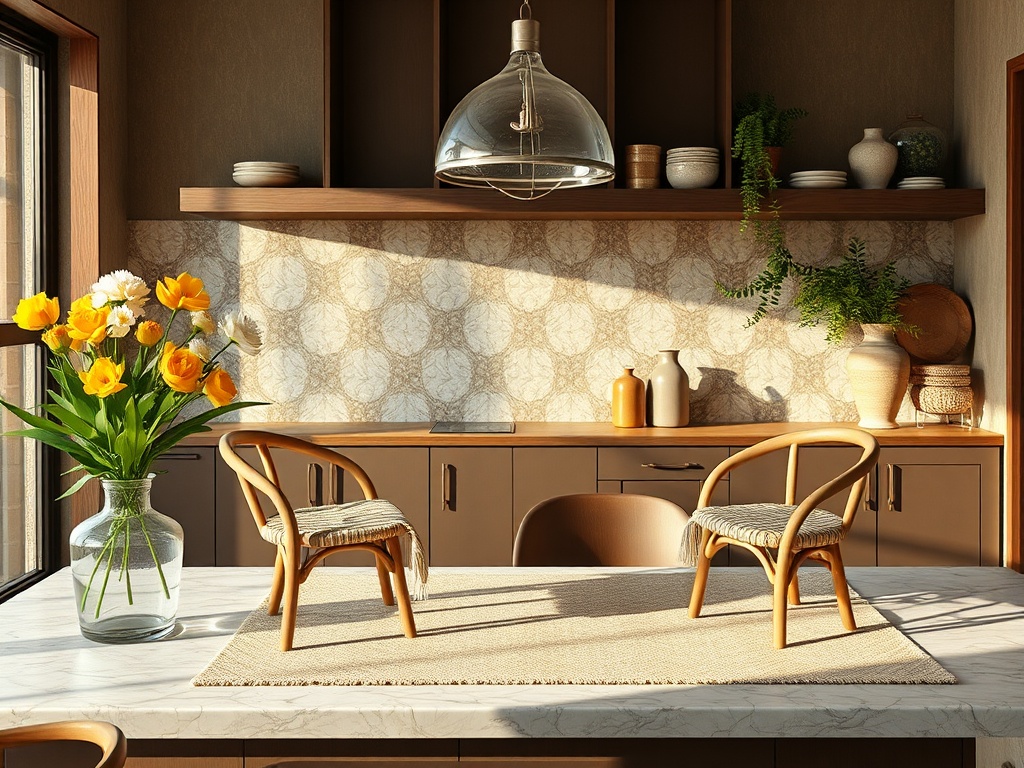 Солнечная кухня с цветами, деревянными стульями и стильной отделкой в уютной атмосфере.