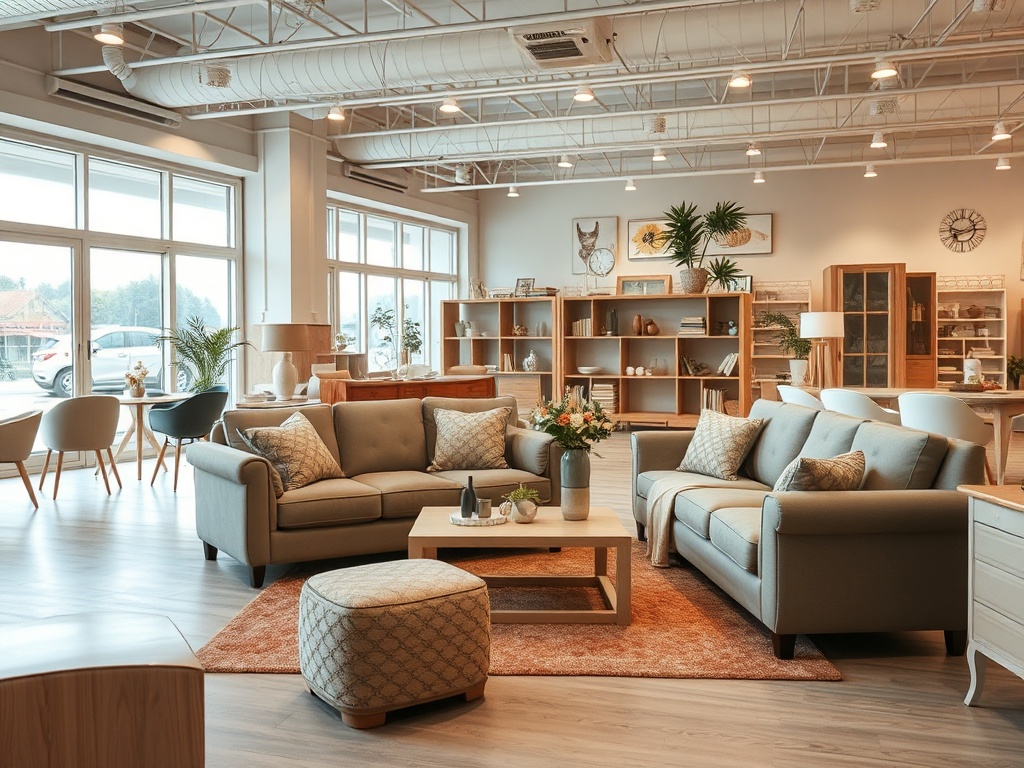 Современный салон, обставленный уютной мебелью и украшенный зелеными растениями и декоративными элементами.