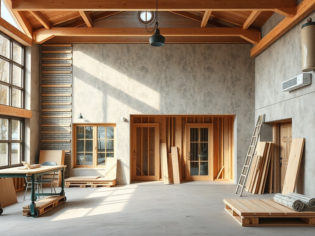 Просторное помещение с деревянными элементами, стройматериалами и большими окнами, наполненное естественным светом.