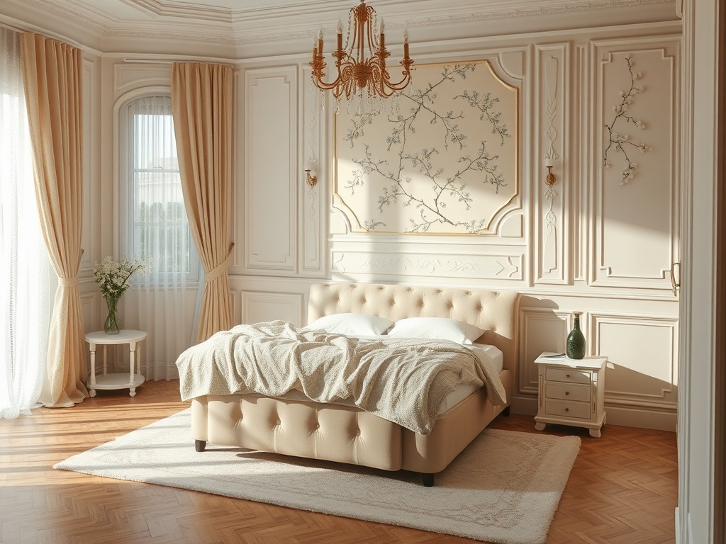 Светлая спальня с элегантной мебелью, шикарной люстрой и окнами, пропускающими солнечный свет.