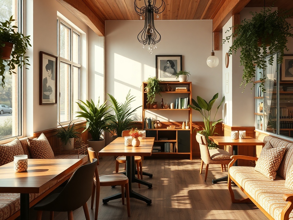 Уютное кафе с деревяными столами, зелеными растениями и нежным освещением. Теплая атмосфера для отдыха.