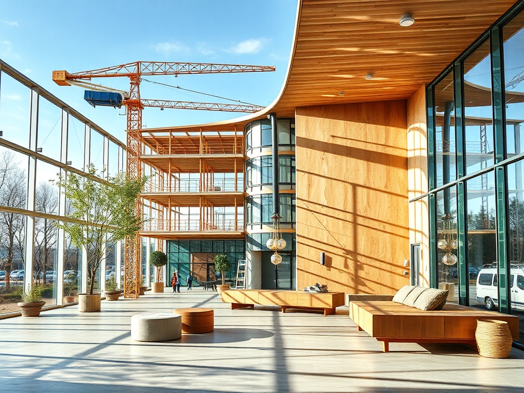 Современное здание с большими окнами, деревянными элементами и строительным краном на фоне.
