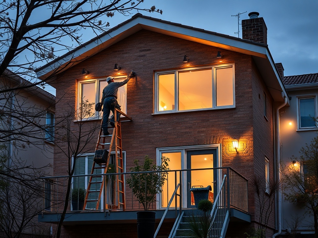 Рабочий на лестнице ремонтирует окна дома, освещенного вечерним светом. Вокруг деревья и спокойная обстановка.
