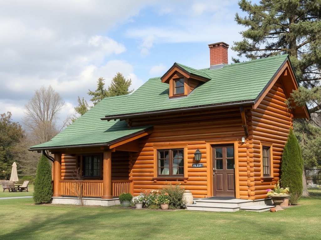 Деревянный дом с зеленой крышей, расположен на зеленом газоне, окружен деревьями и цветами.
