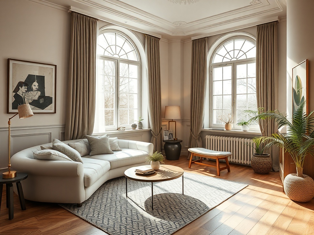 Современный уютный интерьер гостиной с большими окнами, мягким диваном и зелеными растениями.