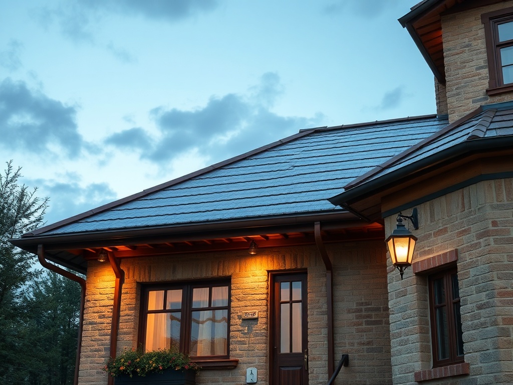 Дом с ярко освещенным входом и крышей под облачным небом на фоне. Уютная атмосфера вечернего времени.