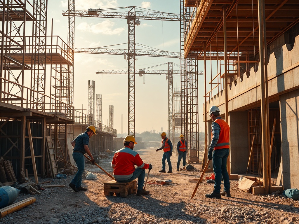 Рабочие на строительной площадке, занимающиеся подготовкой и строительством в предзакатном освещении.