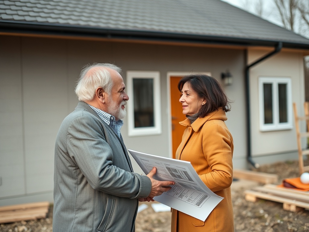 Два человека обсуждают строительные планы у нового дома в спокойной обстановке на улице.