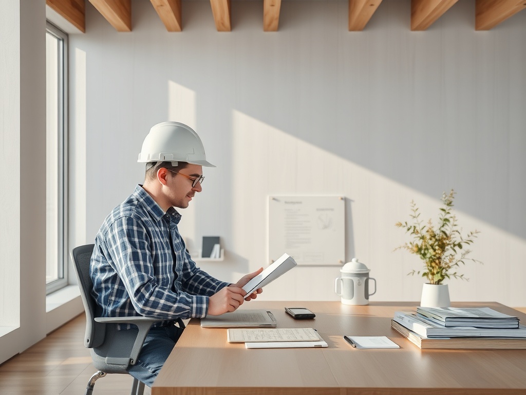 На изображении мужчина в строительной каске читает книгу в современном офисе с деревянными деталями.