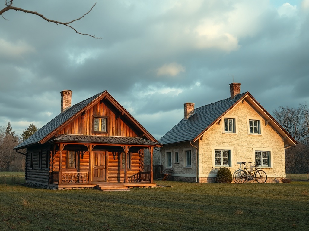 Два загородных дома на фоне облачного неба, перед ними велосипед и зеленая трава.