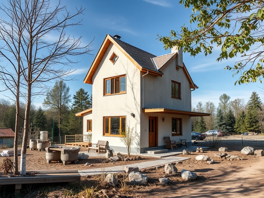Современный дом с террасой, окружённый деревьями и камнями, на фоне чистого голубого неба.