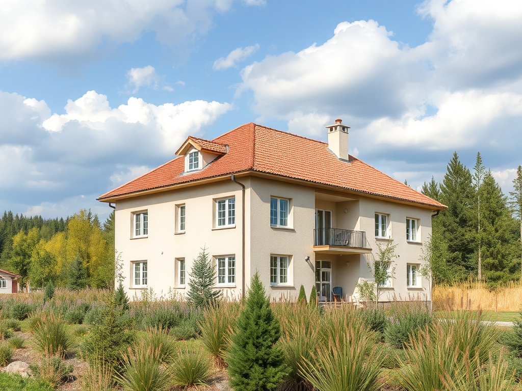 Современный дом с красной крышей, окружённый зеленью и деревьями на фоне голубого неба.