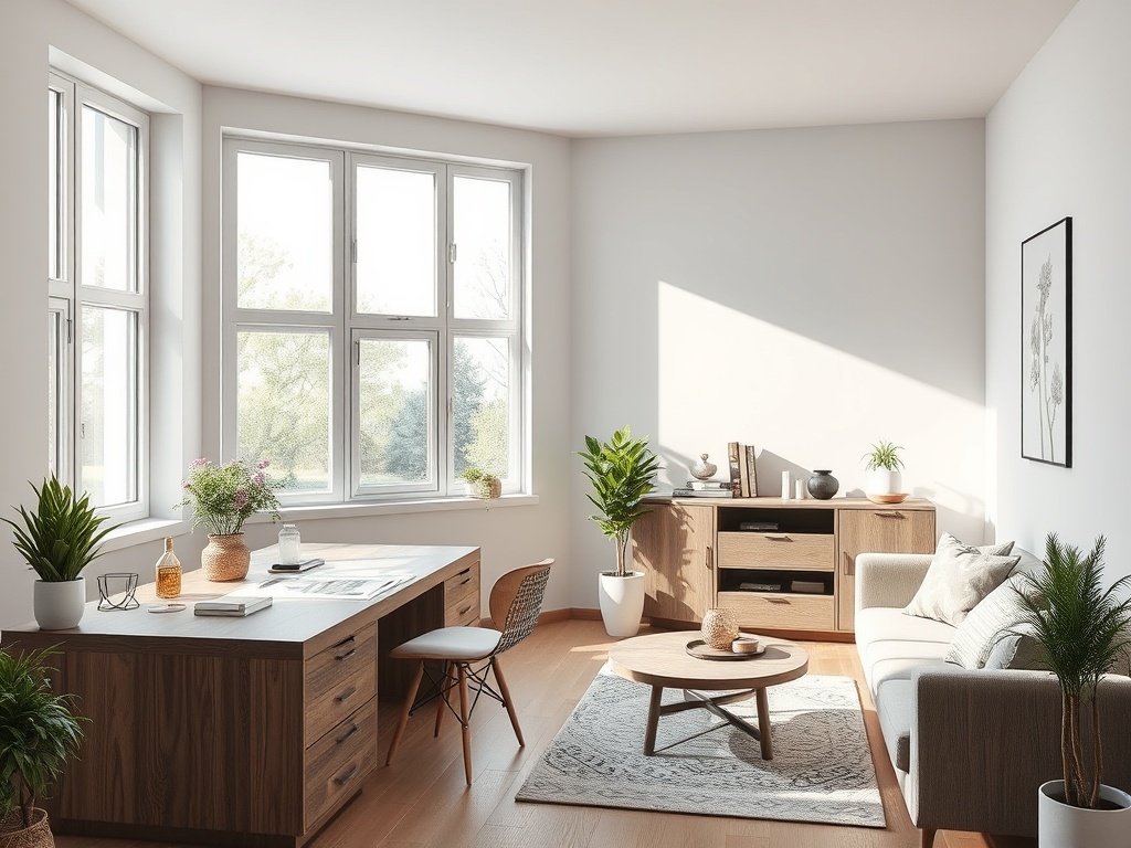 Светлая комната с офисным столом, диваном и зелеными растениями у окон. Уютная атмосфера.