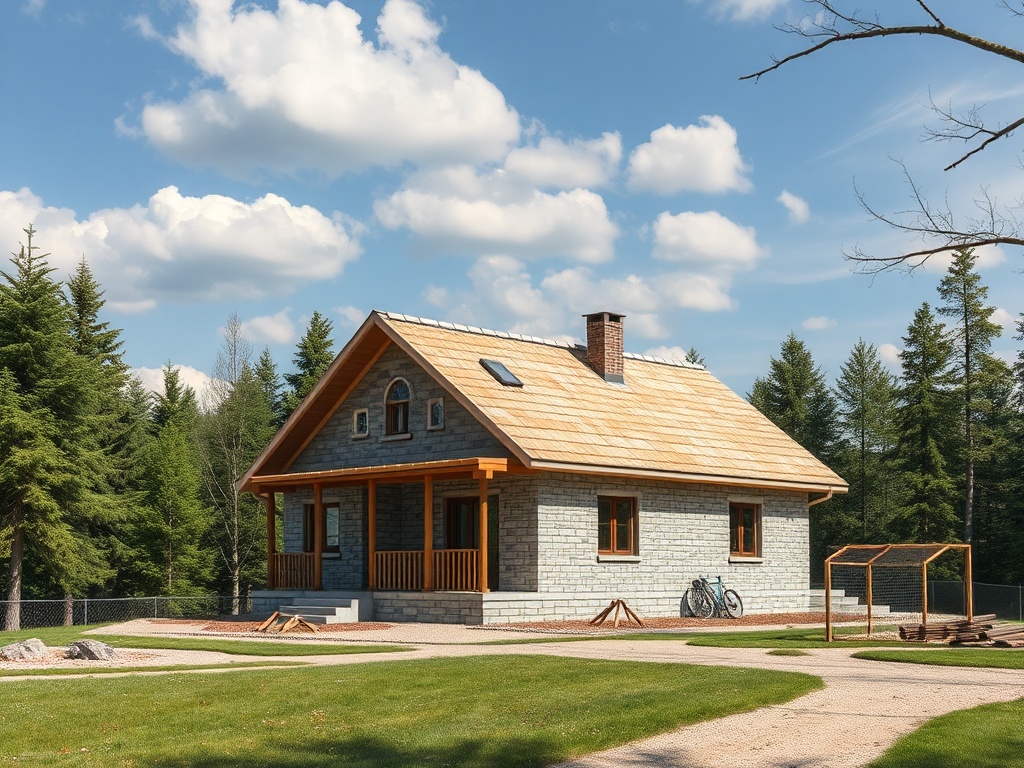 Современный загородный дом с деревянной отделкой на фоне зелёного двора и голубого неба.