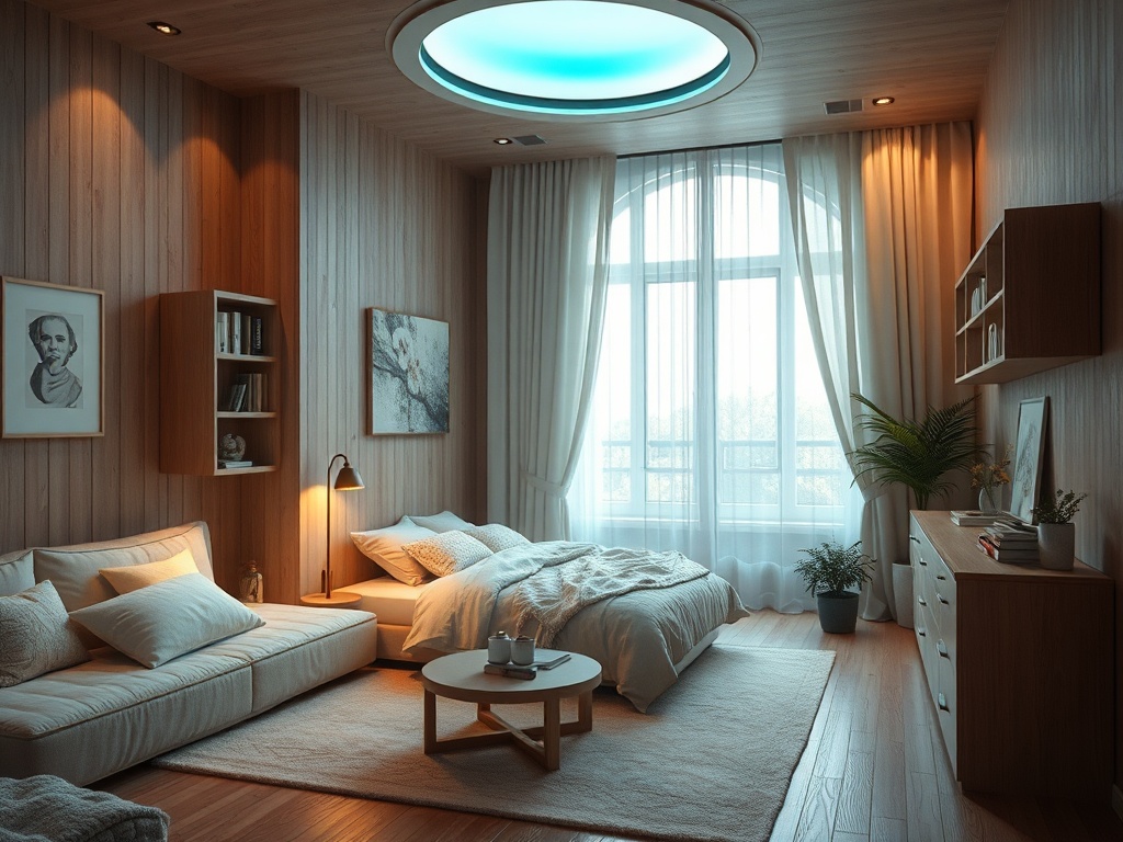 Современная спальня с деревянными стенами, светлыми шторами и уютной мебелью. Мягкий свет создает атмосферу уюта.