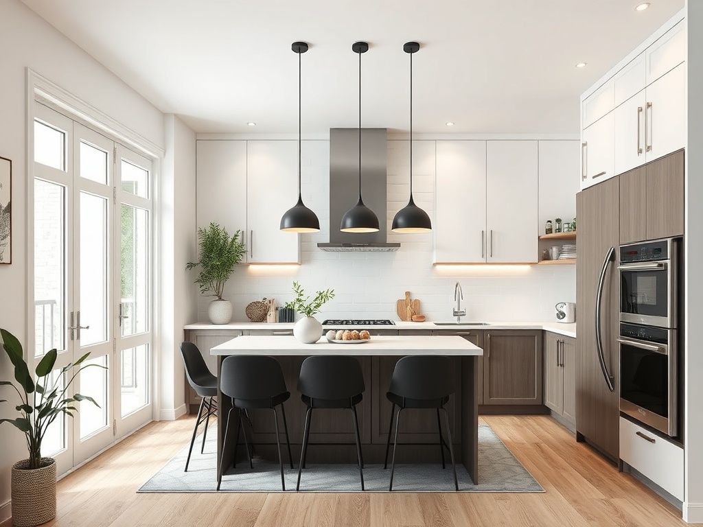 Кухня с современным дизайном, черными светильниками и барными стульями, много света и зелени.