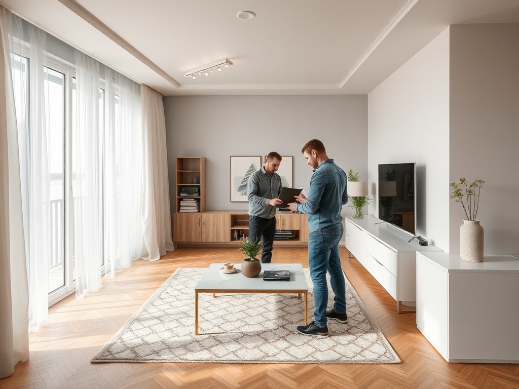 Два человека обсуждают проект в светлой современной гостиной с большими окнами и стильной мебелью.