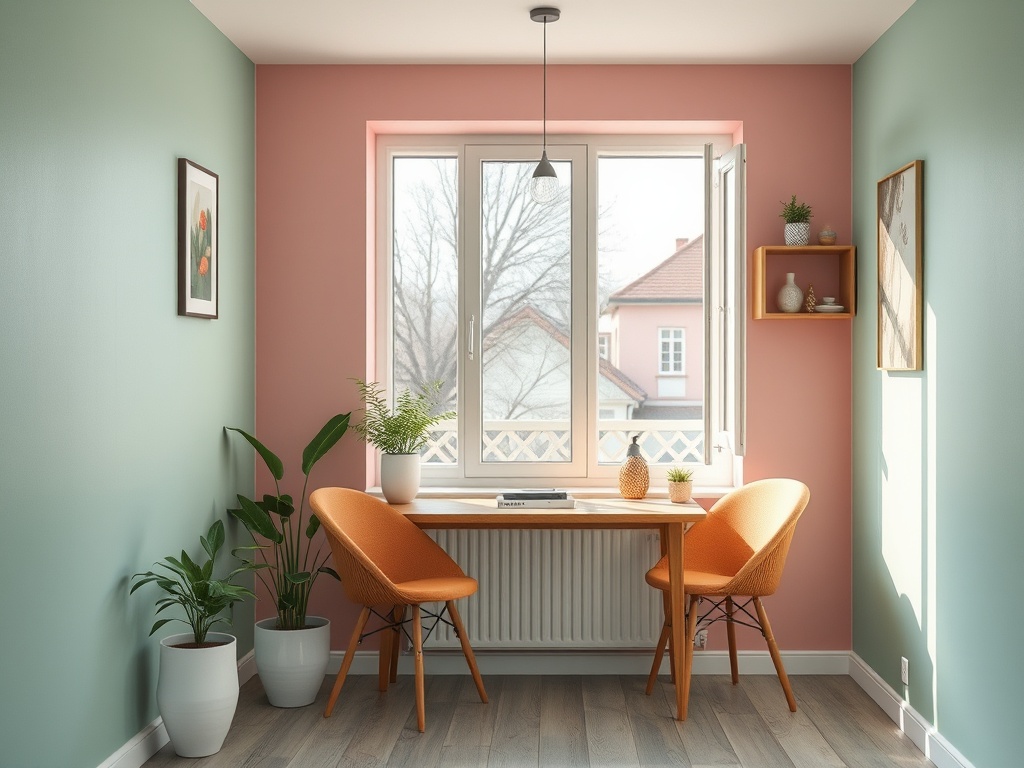 Уютный офис с двумя оранжевыми стульями, столом и растениями у окна. Стены в зеленом и розовом цветах.