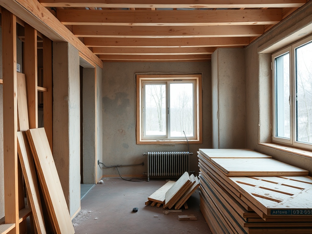Незавершённый ремонт комнаты с деревянными балками, окнами и стопками древесины на полу.
