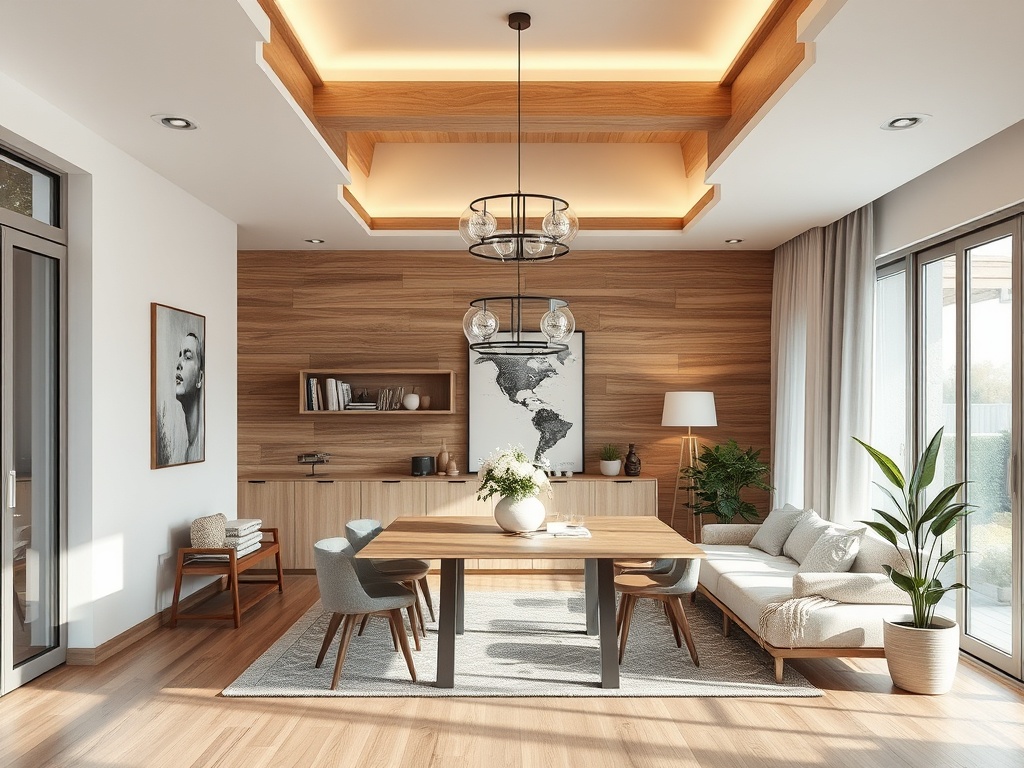 Современный светлый интерьер с деревянными стенами, столом, удобными диванами и зелеными растениями.