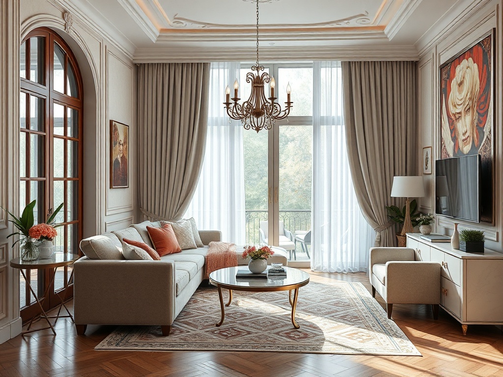 Элегантная гостиная с мягкой мебелью, большим окном и стильными украшениями. Светлая и уютная атмосфера.