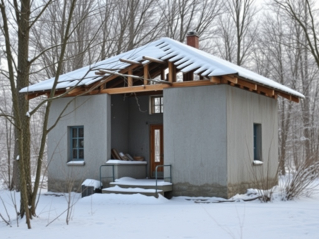 Дом с открытой крышей, покрытый снегом, окруженный деревьями в зимнем лесу.