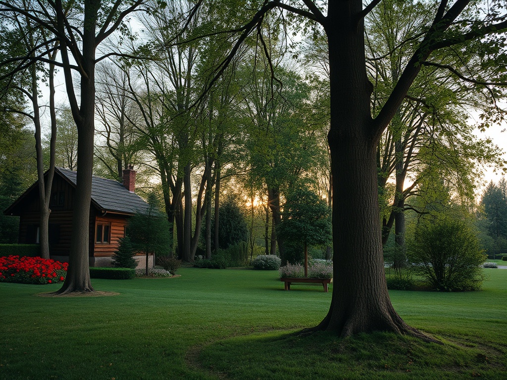 Деревянный дом в лесу, окруженный зелеными деревьями и цветами на фоне заката. Тихое спокойное место.