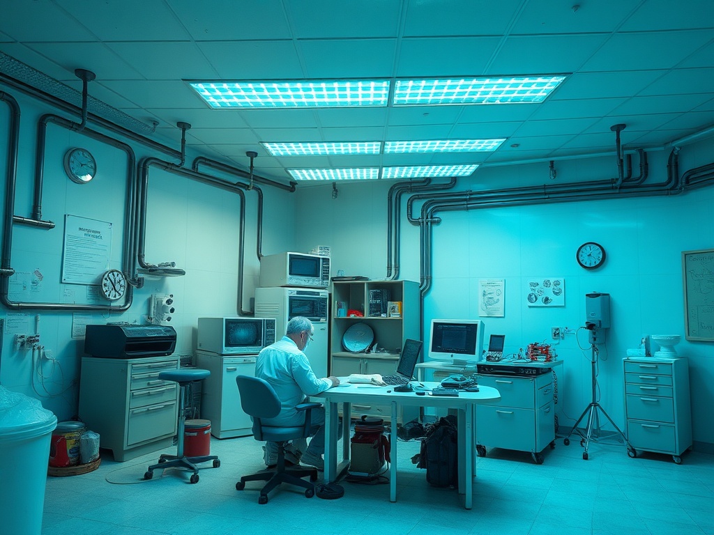 Офис с одним человеком за столом, окруженный старыми компьютерами и инженерными трубами, в холодном свете.