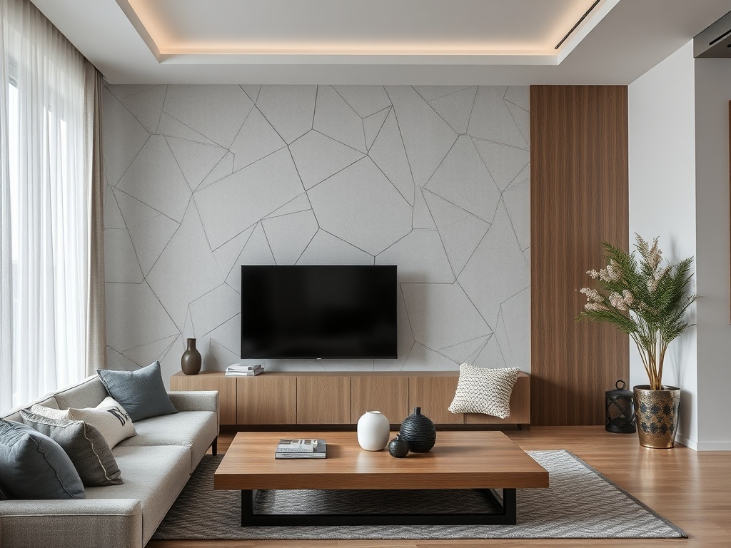 Современная светлая гостиная с телевизором, деревянной мебелью и растениями в вазах. уютная обстановка.