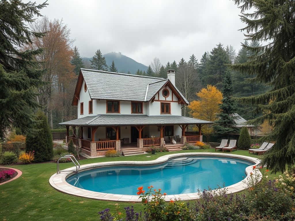 Современный загородный дом с бассейном и ухоженным садом на фоне гор и облачного неба.