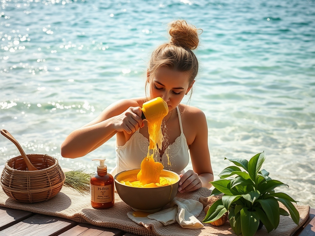 Девушка на берегу моря готовит что-то в большой миске, наслаждаясь солнечным днем и природой вокруг.