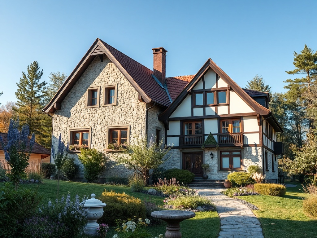 Красивый дом в стиле загородного особняка, окружённый зелеными насаждениями и ухоженным садом.