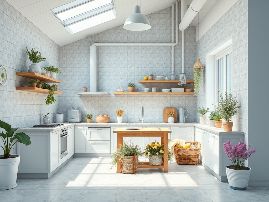 Светлая кухня с деревянным столом, цветами и зелеными растениями на полках и столах.