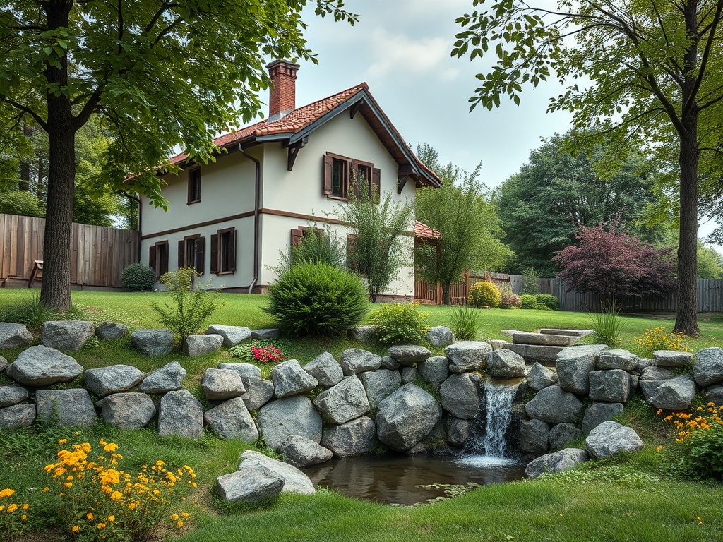 Уютный дом с красивым садом, сплошным зелёным газоном и маленьким прудом с водопадом.
