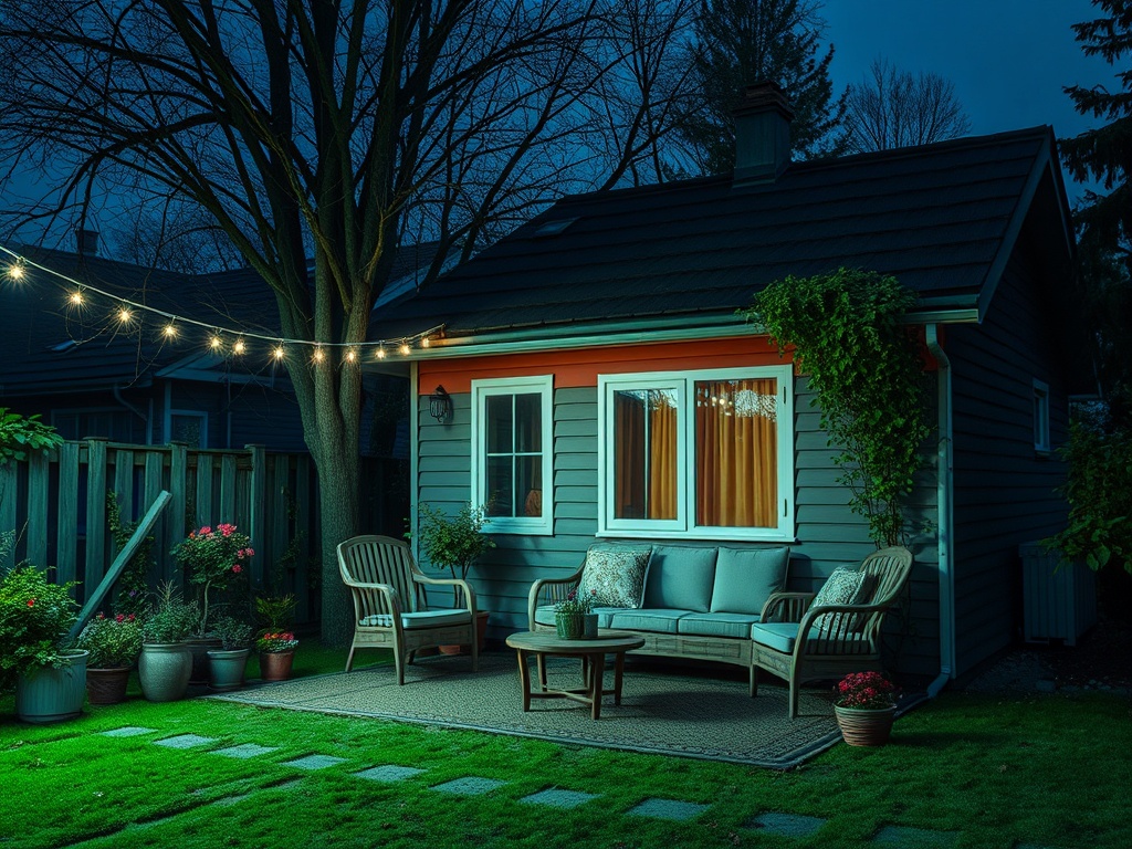 Небольшой дом с уютной верандой, огнями и растениями, освещенный в ночное время.