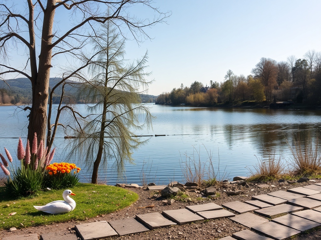 На берегу спокойного озера цветы, деревья и белая утка. Ясное небо и отражения на воде создают атмосферу спокойствия.