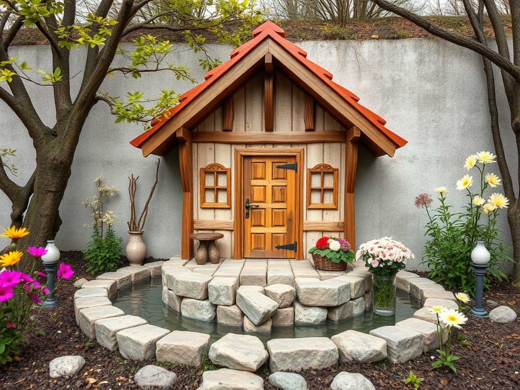 Маленький деревянный домик с красной крышей, окруженный цветами и каменными дорожками в саду.