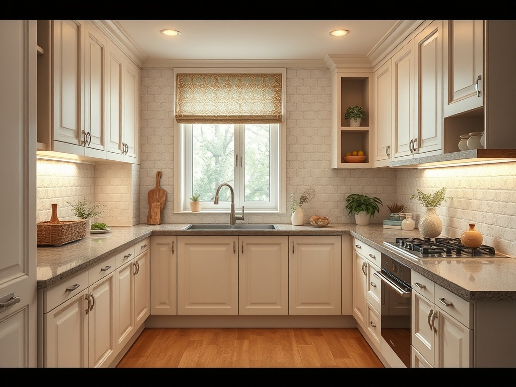 Светлая кухня с современными шкафами, постирочной и открытым окном, оформленная растениями и уютными деталями.