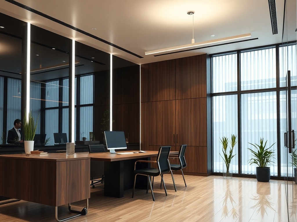 Современный офис с деревянными стенами, стеклянными перегородками и зелеными растениями на полу.