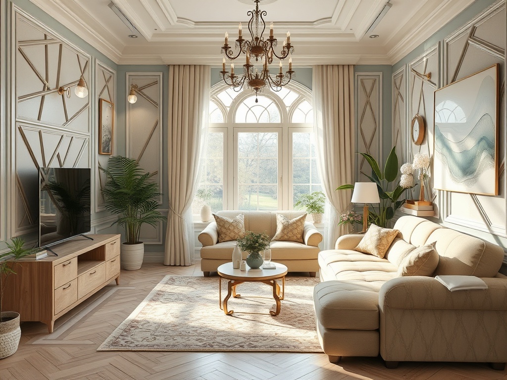 Уютная гостиная с большими окнами, светлыми тонами и элегантной мебелью, застеленной ковром.