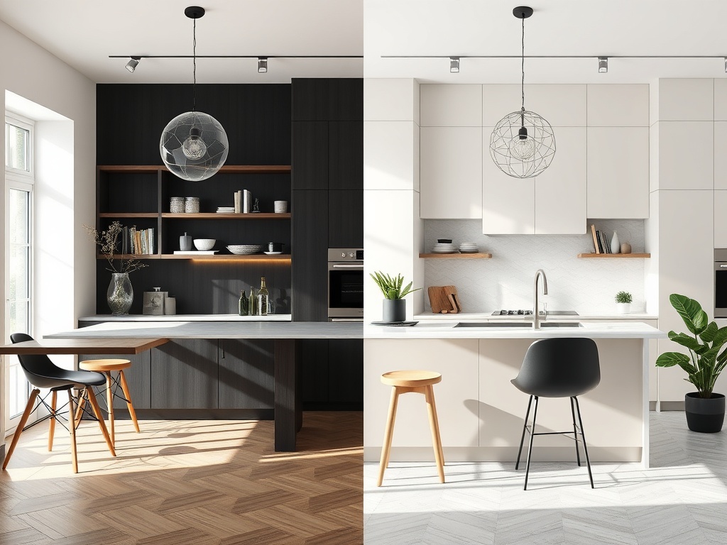 На изображении две современные кухни: слева тёмная, справа светлая, с стильной мебелью и растениями.