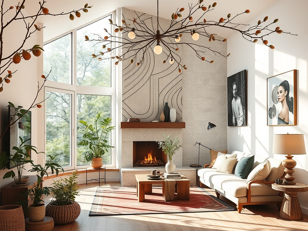 Светлая гостиная с камином, растениями и современным декором, большие окна и уютная мебель.