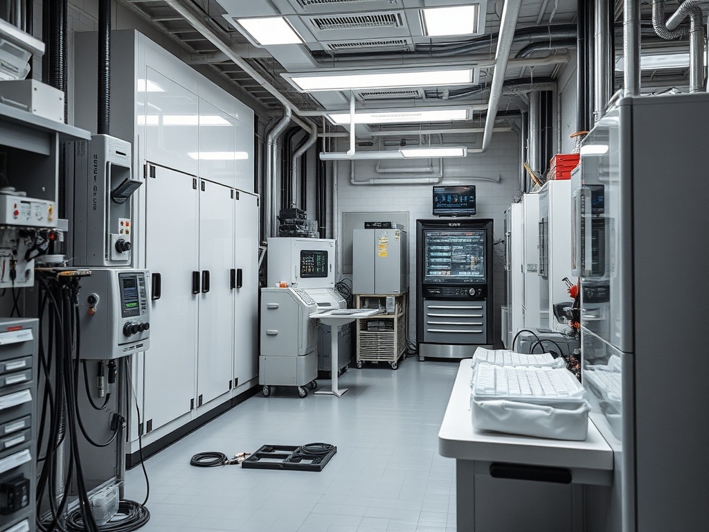 Современная лаборатория с компьютерным оборудованием и шкафами для хранения. На столе клавиатура.